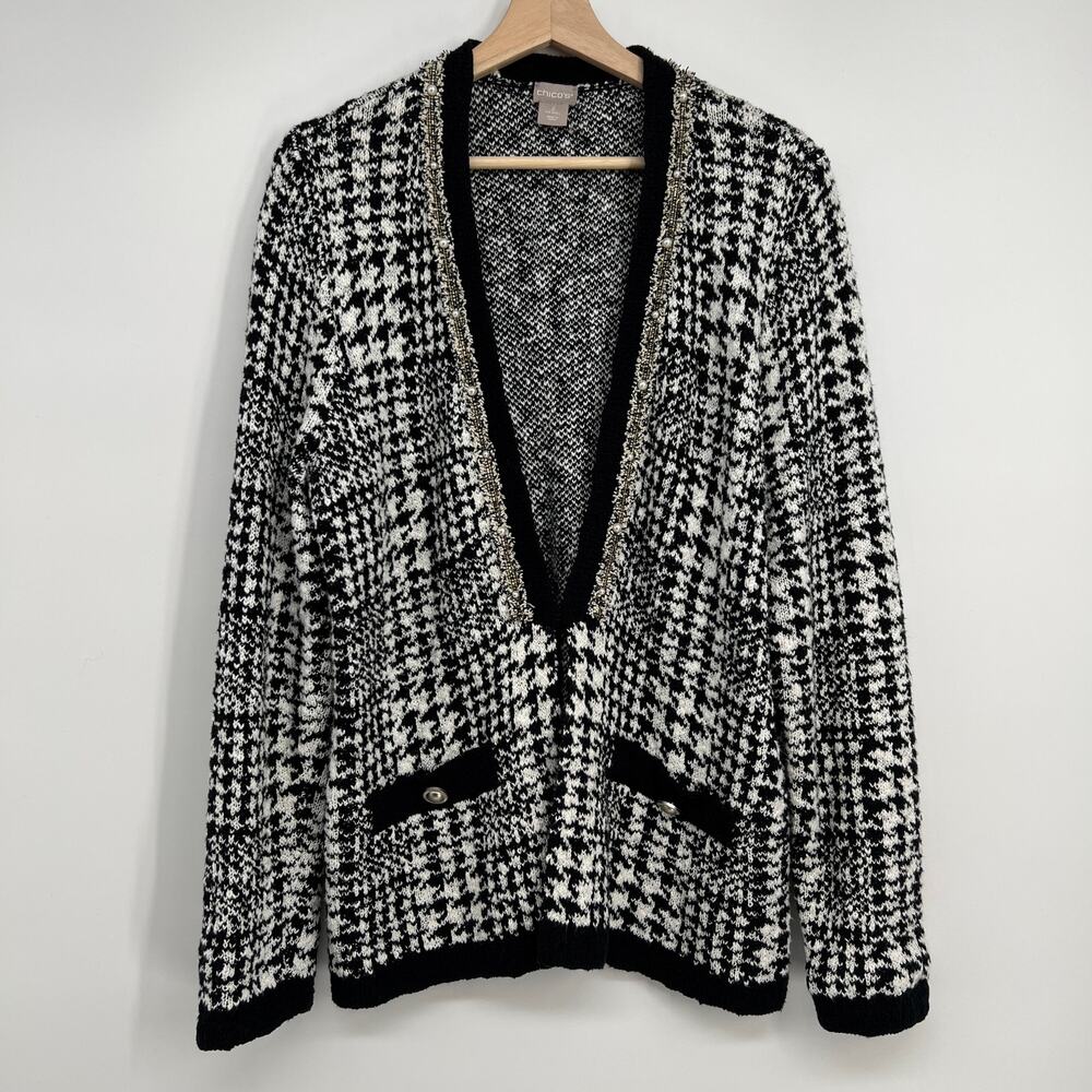 Chico’s Cotton Blend Cardigan Embellished Women US Large Black White Houndstooth